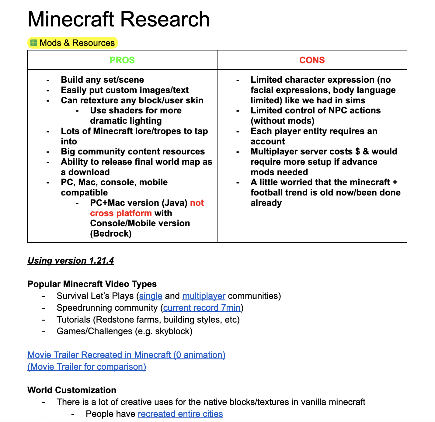 Screenshot of the top page of the research document, showing a Pros and Cons list of Minecraft 