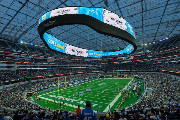 SoFi Stadium with focus on the video board